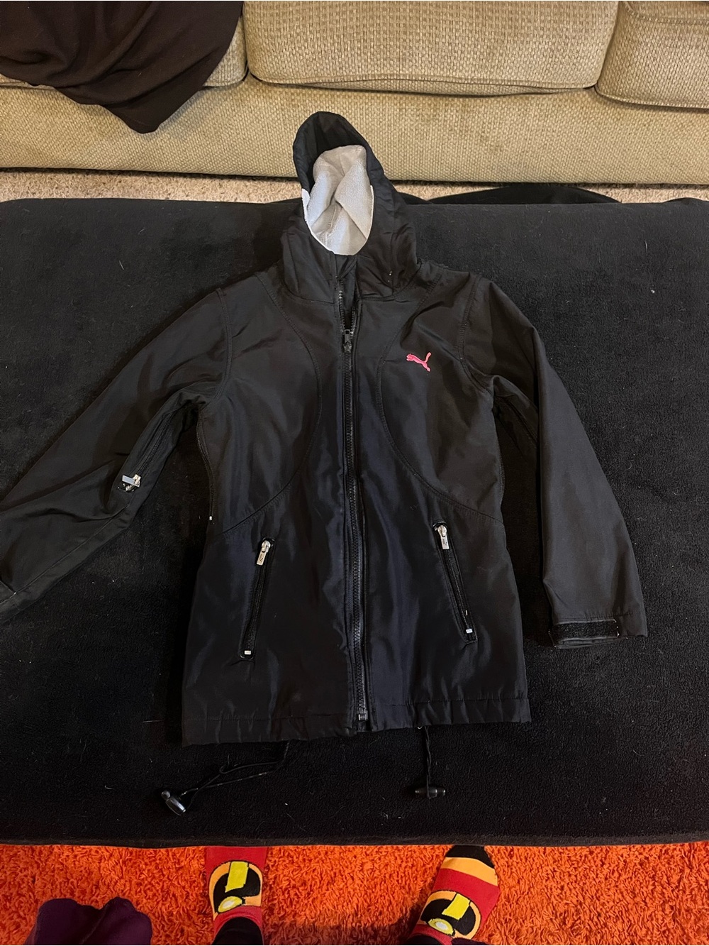 Puma Black Kids' Hooded Rain Jacket with Pink Logo